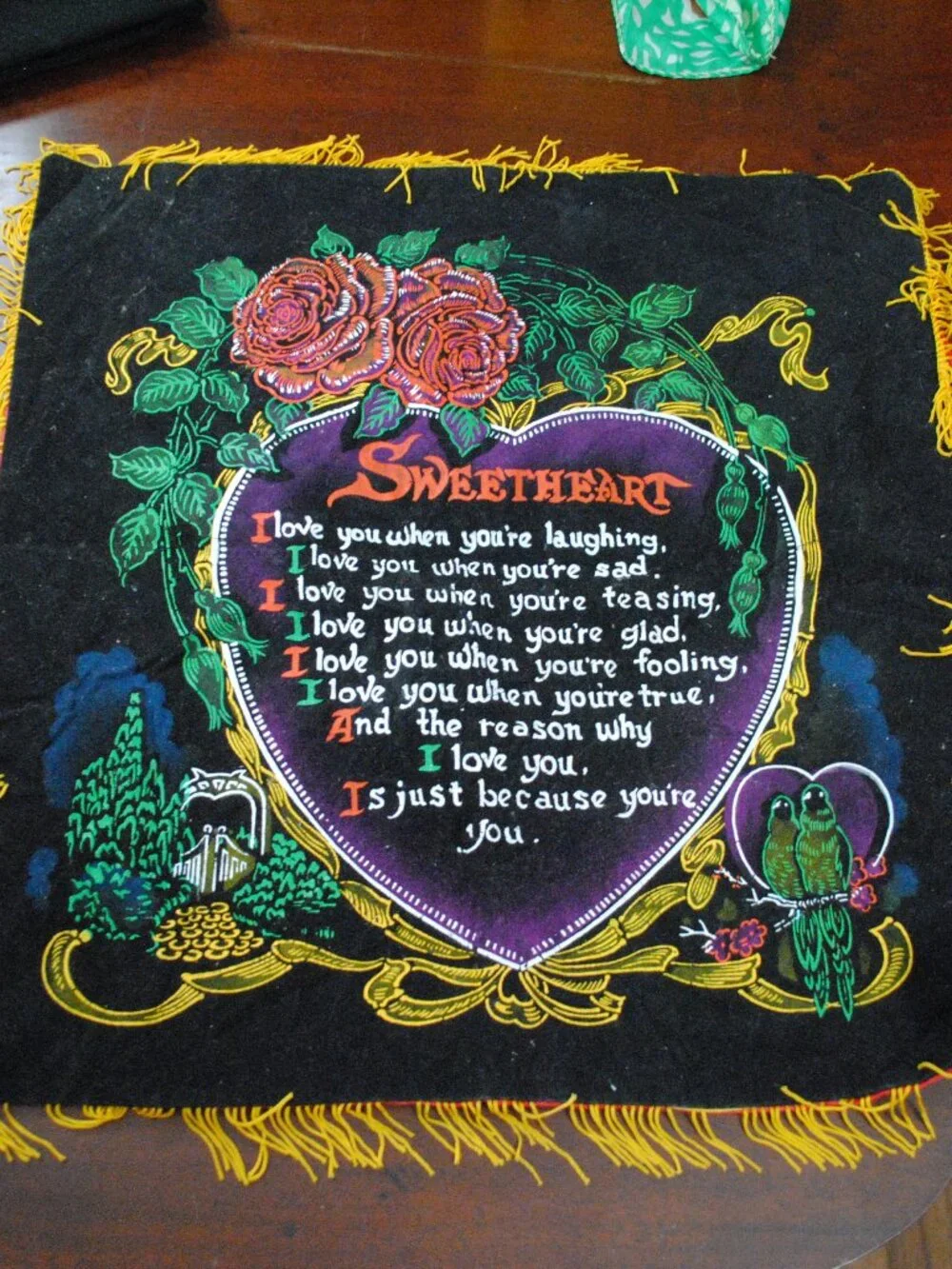 Vintage Sweetheart Poem Painted Black Pillow Case made in Japan 1950s